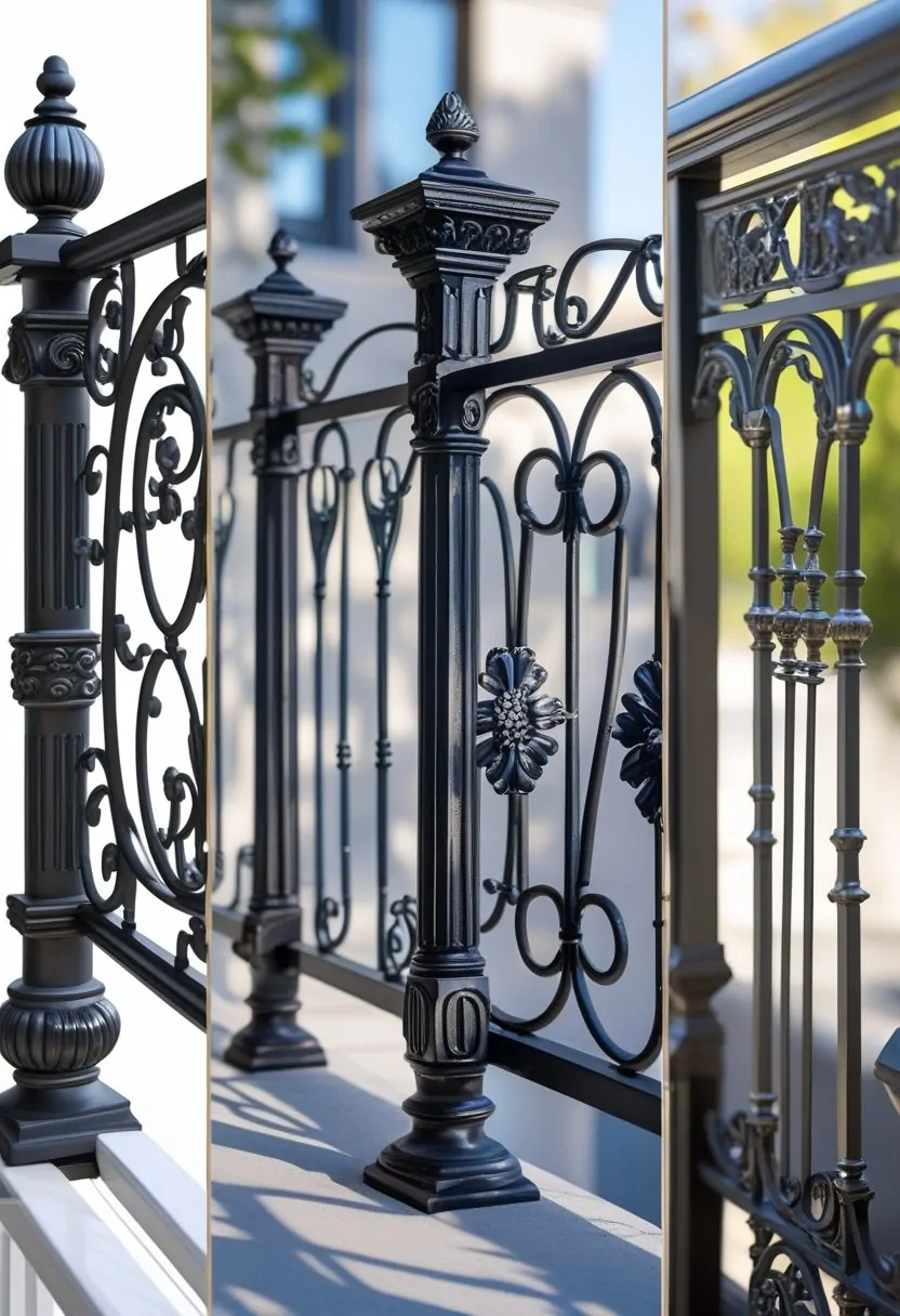 Seven different metal balcony railings with detailed decorative designs shown outdoors.