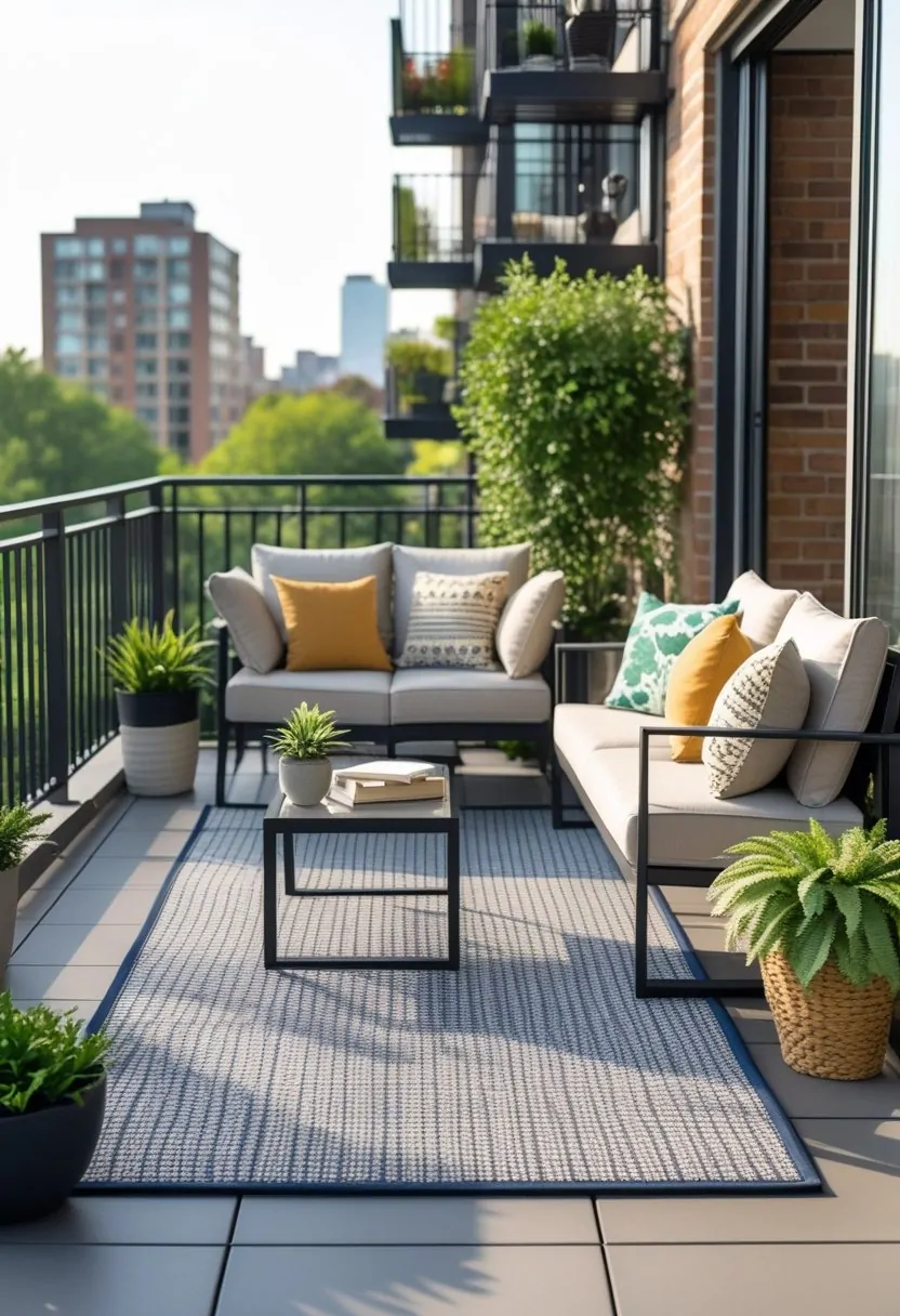 Apartment balcony with outdoor rug, seating area, and city view in daylight.