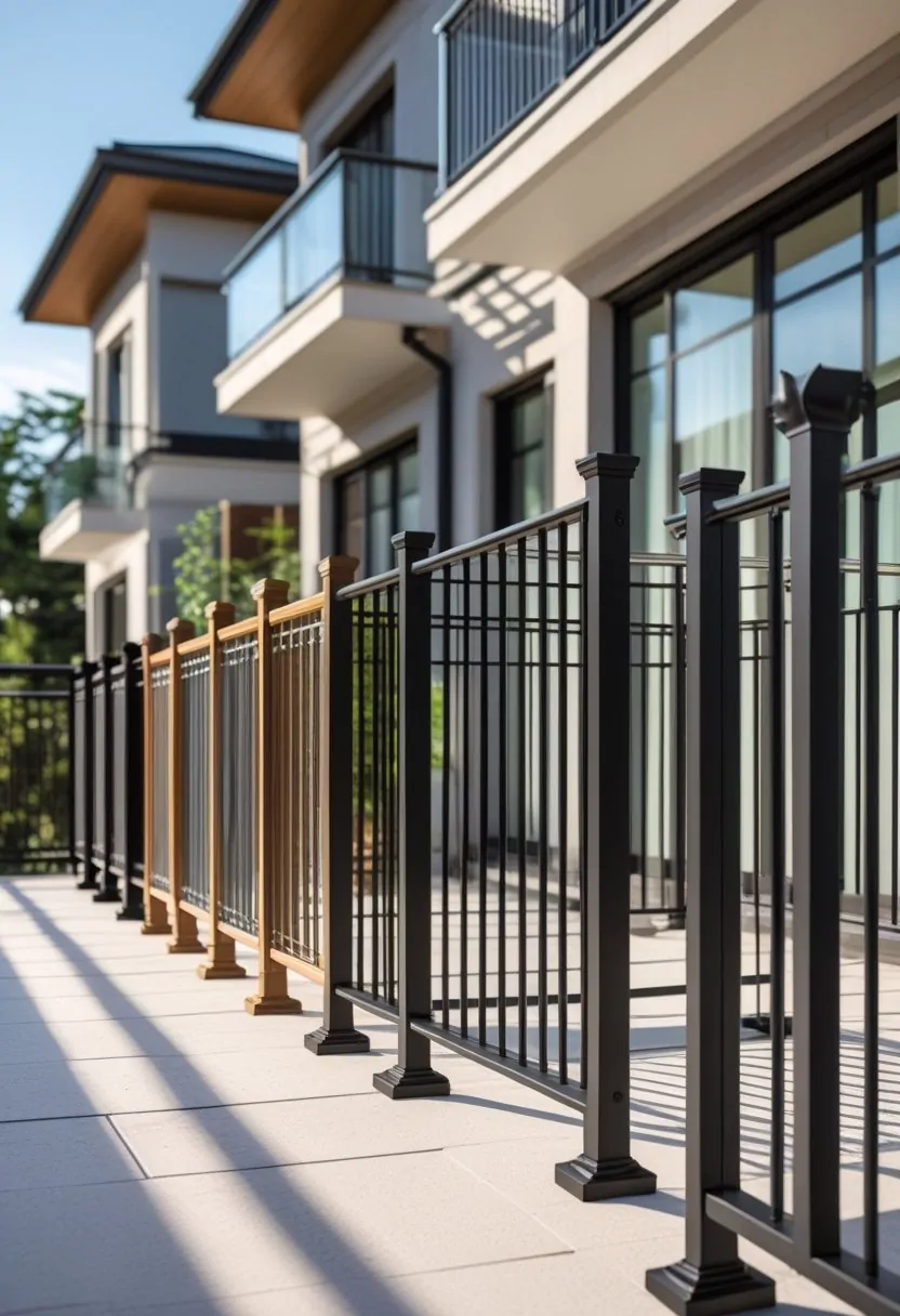 A row of seven different balcony railings displayed on a modern building facade in daylight.