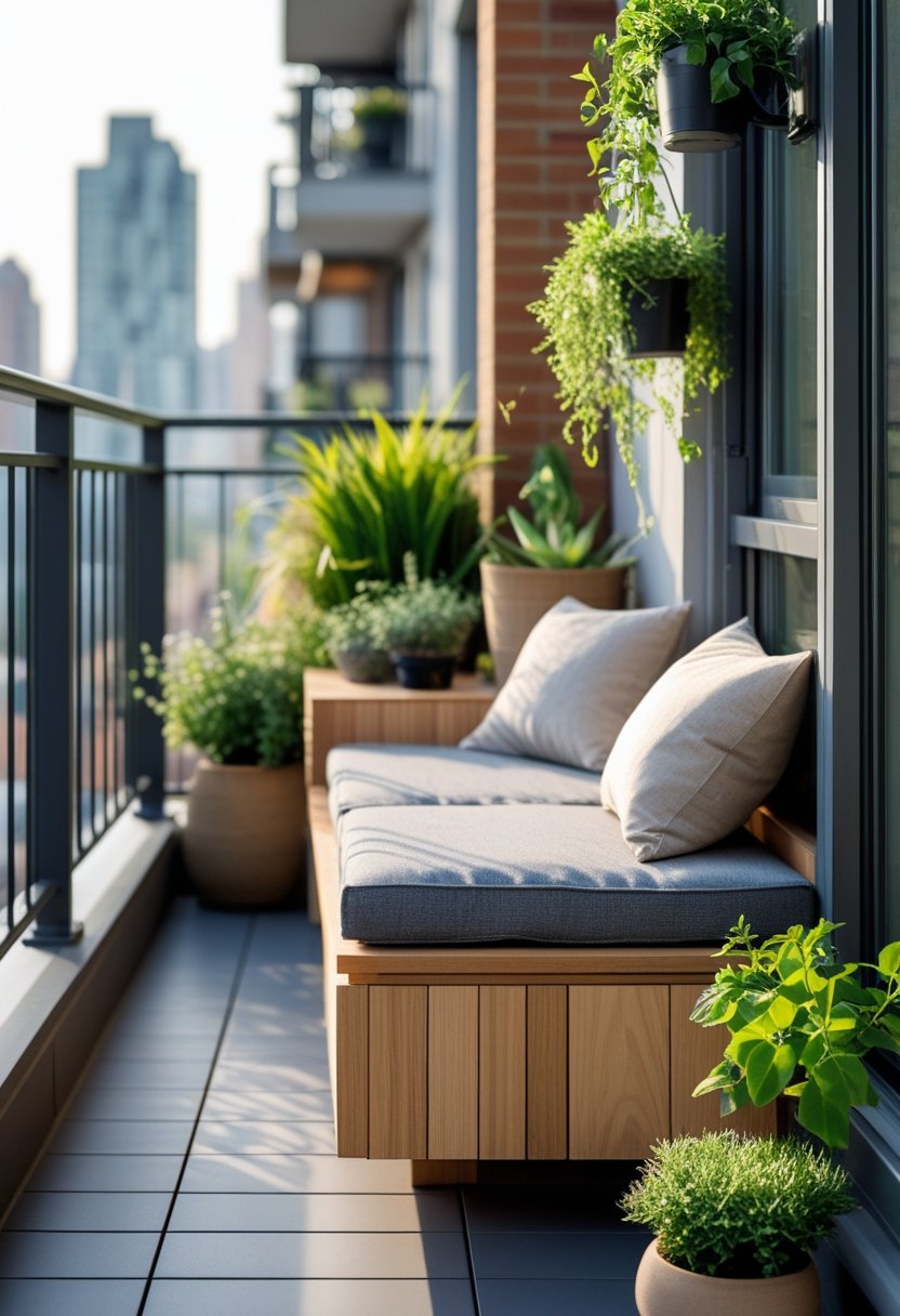 A balcony with a compact wooden bench that has hidden storage underneath, surrounded by plants and cushions with a city view in the background.
