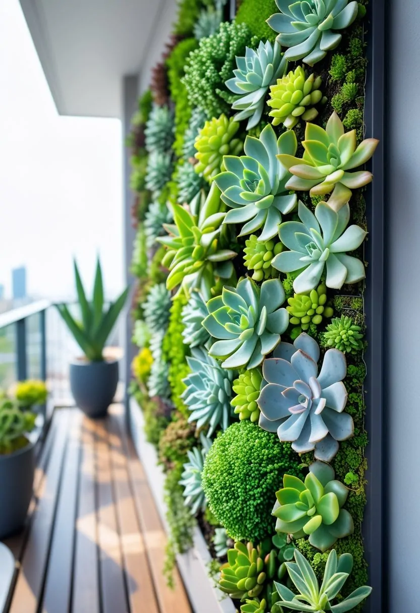 A vertical garden wall filled with assorted succulents on a balcony with modern decor.