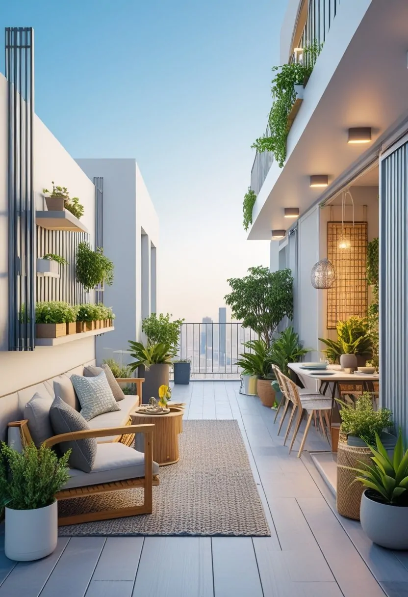 Seven different apartment balconies with seating, plants, and decorative elements shown outdoors with a city background.