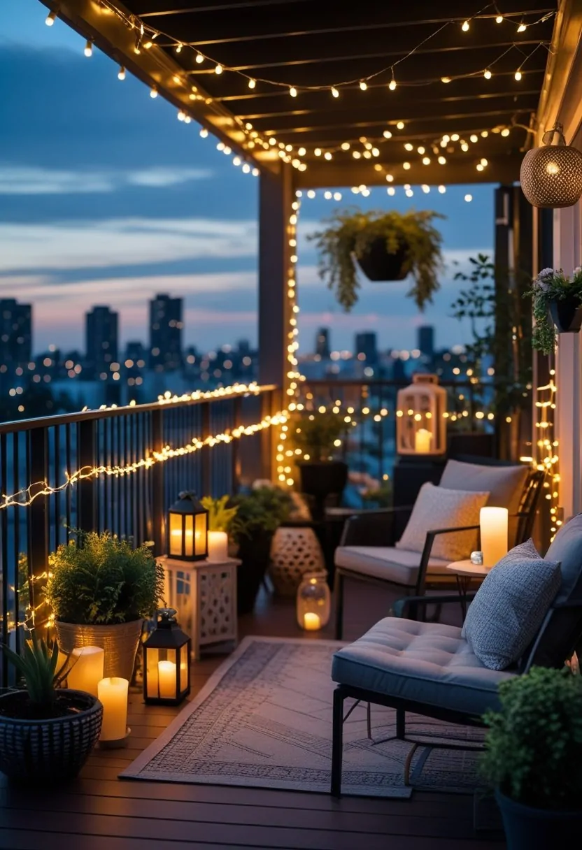 A balcony at dusk decorated with string fairy lights, plants, and cozy seating creating a warm evening atmosphere.
