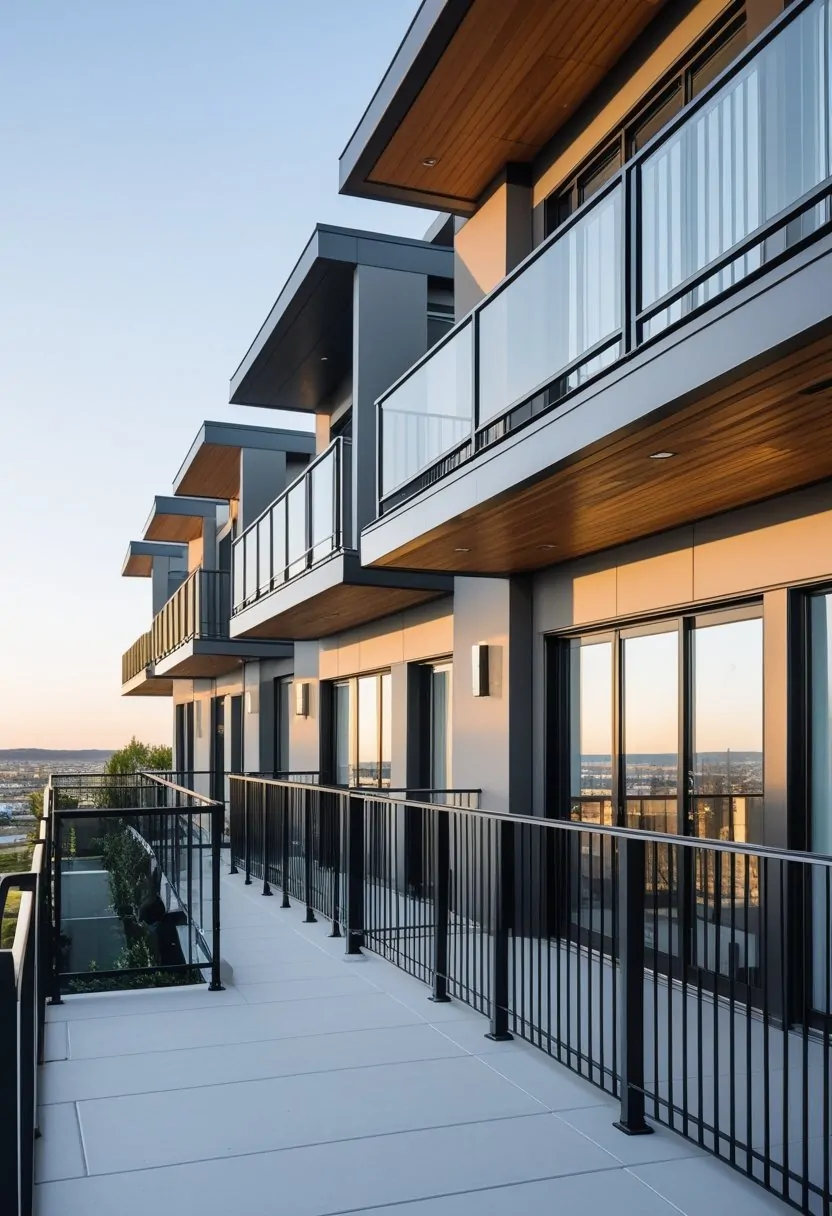 Seven different balcony railings displayed on a residential building under natural daylight.