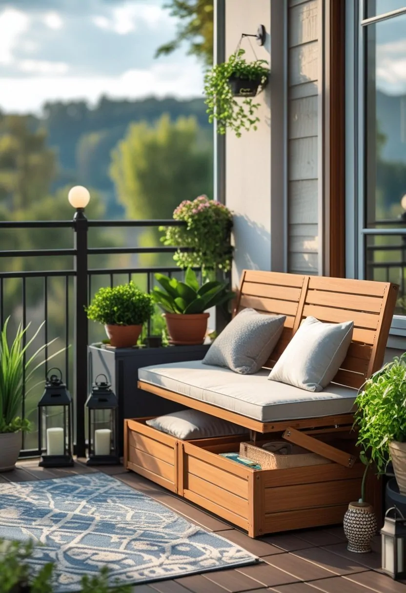 A balcony with a foldable wooden bench that has storage underneath, surrounded by potted plants and cushions.