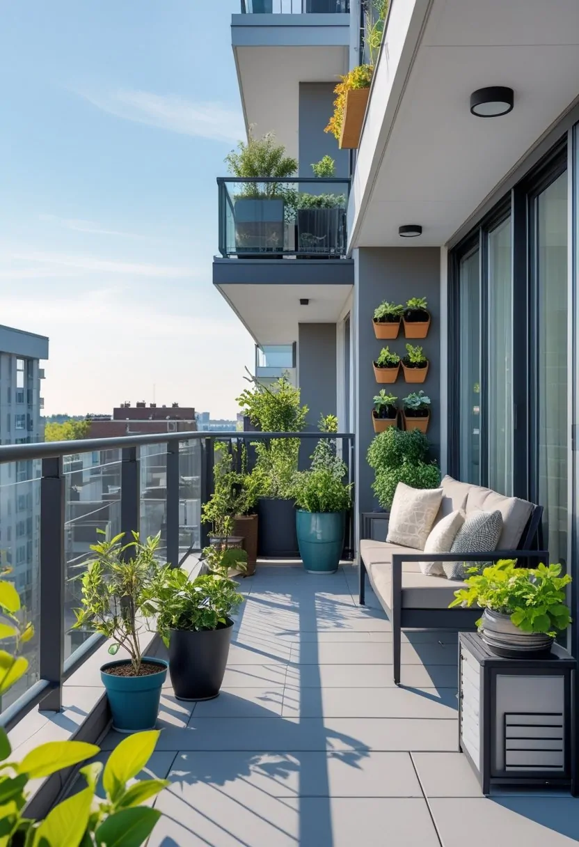 A modern apartment balcony with plants, seating, and safety features, showing a clean and well-maintained outdoor space.