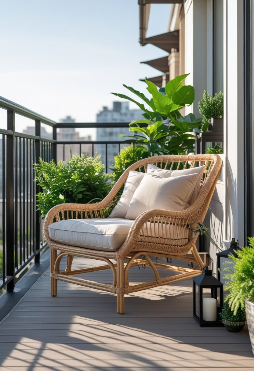 A rattan lounge chair with cushions on a balcony surrounded by plants and outdoor decor.