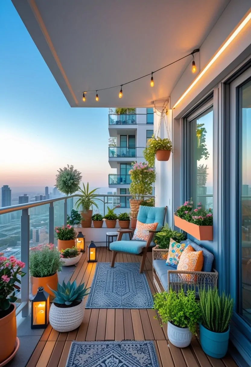 Apartment balcony with seven different seating and plant arrangements overlooking a cityscape under a clear sky.