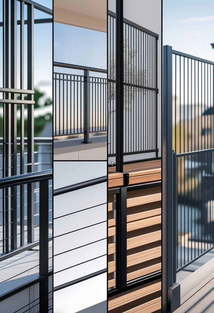 Seven different balcony railings displayed side by side outdoors, each with a unique design and material.