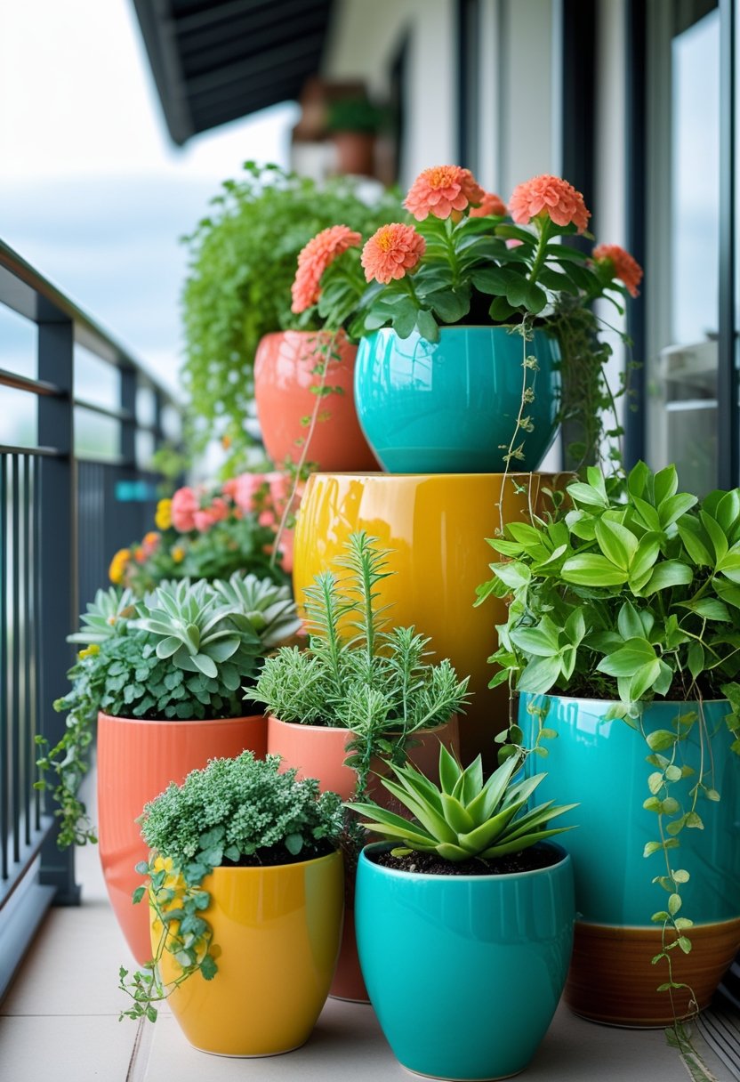 A balcony with colorful ceramic plant pots filled with various green plants and flowers.