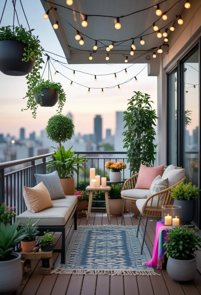 A balcony with seating, plants, string lights, a small table with decor items, and a patterned rug overlooking a city skyline.
