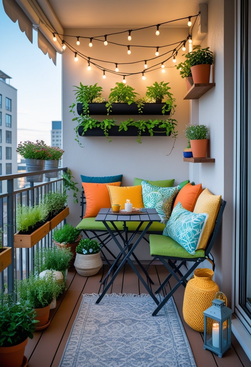A small balcony decorated with compact furniture, plants, string lights, and cozy cushions creating a comfortable outdoor space.