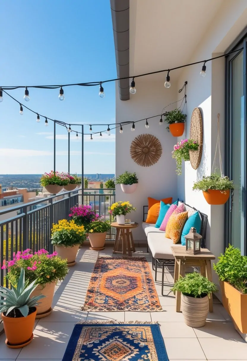 A balcony decorated with seating, plants, string lights, a small table, rugs, hanging planters, and wall art overlooking a sunny cityscape.