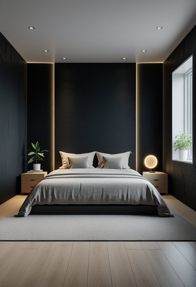 7 Black Bedroom Walls Ideas to Elevate Your Space with Bold Elegance 1 A bedroom with seven black walls, a bed, nightstands, and a window letting in natural light.
