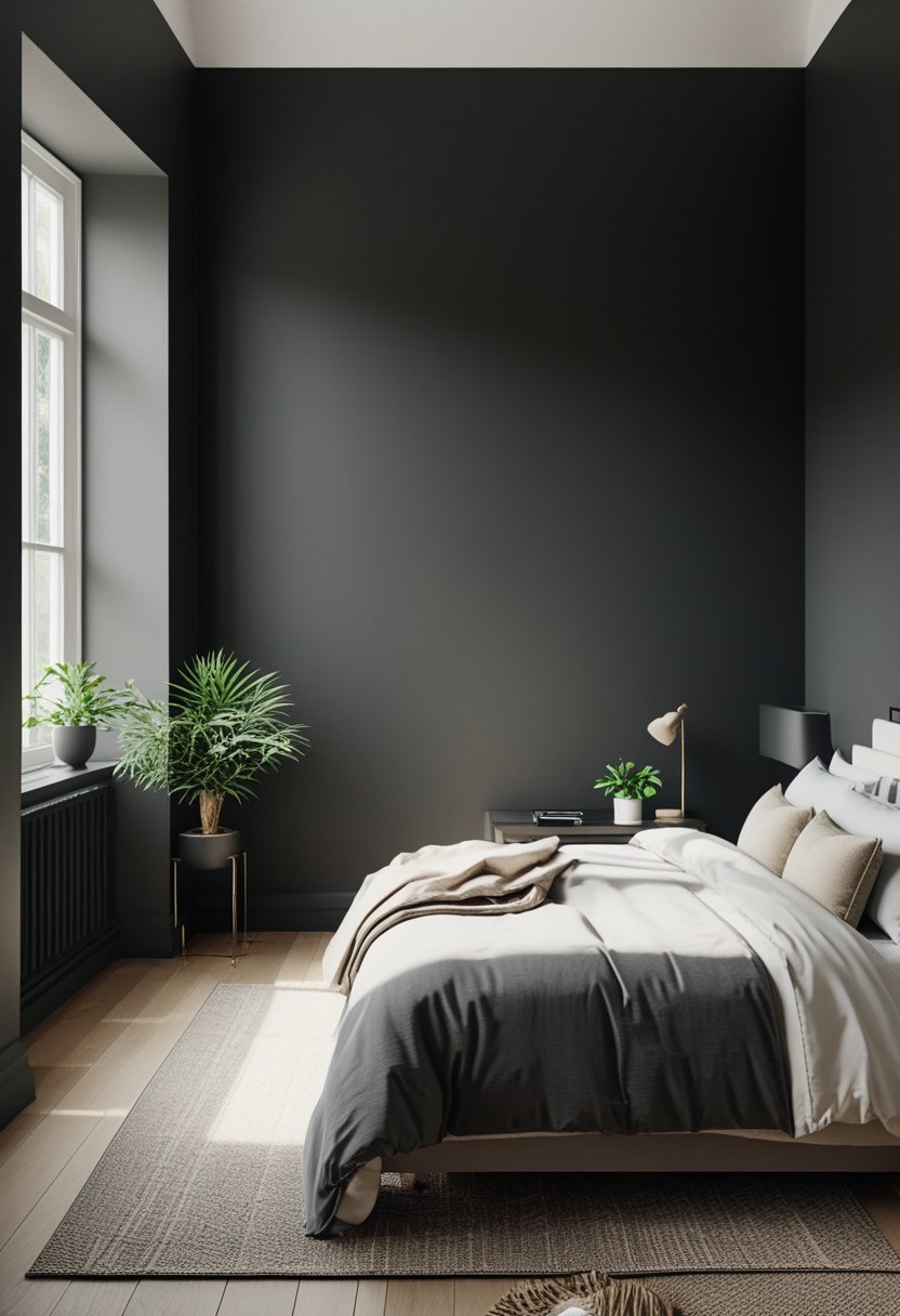 7 Black Bedroom Walls Ideas to Elevate Your Space with Bold Elegance 2 A bedroom with seven matte black walls, a bed with neutral linens, a bedside table, and a window letting in natural light.