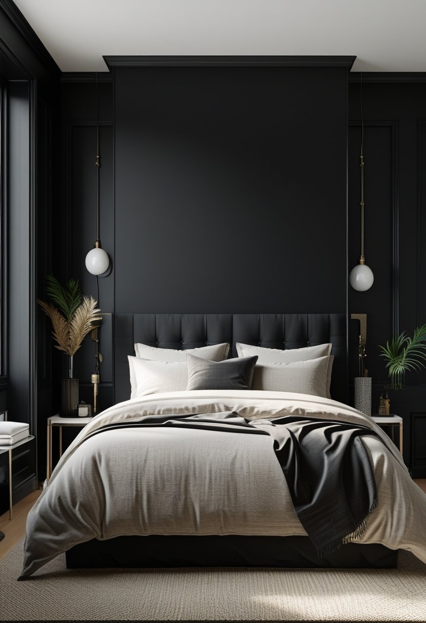 7 Black Bedroom Walls Ideas to Elevate Your Space with Bold Elegance 3 A bedroom with a black accent wall behind the bed and six other black walls surrounding the room.