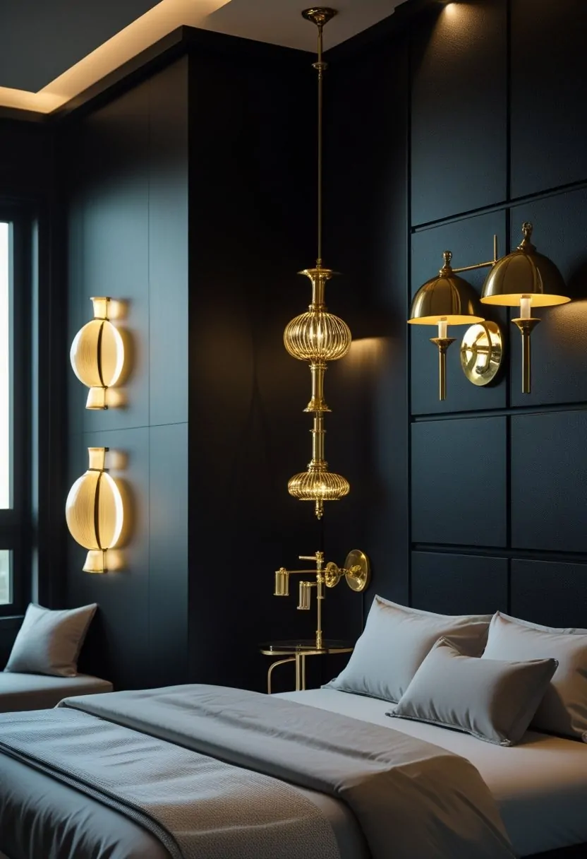 7 Black Bedroom Walls Ideas to Elevate Your Space with Bold Elegance 5 A bedroom with seven black walls illuminated by brass lighting fixtures, creating a warm and elegant atmosphere.