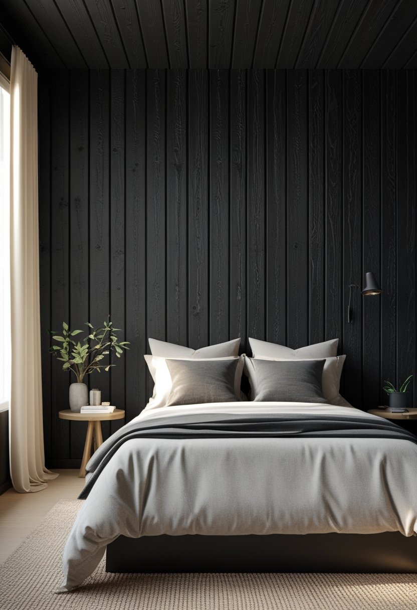 7 Black Bedroom Walls Ideas to Elevate Your Space with Bold Elegance 6 A bedroom with seven black wooden paneled walls and simple furniture.