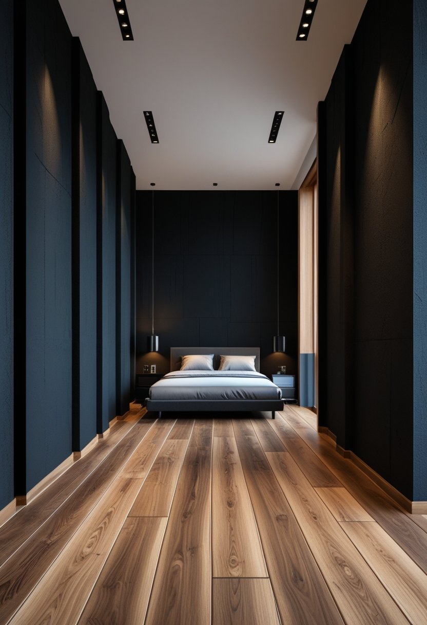 7 Black Bedroom Walls Ideas to Elevate Your Space with Bold Elegance 7 A bedroom with black walls and warm wood floors, featuring minimalist furniture.