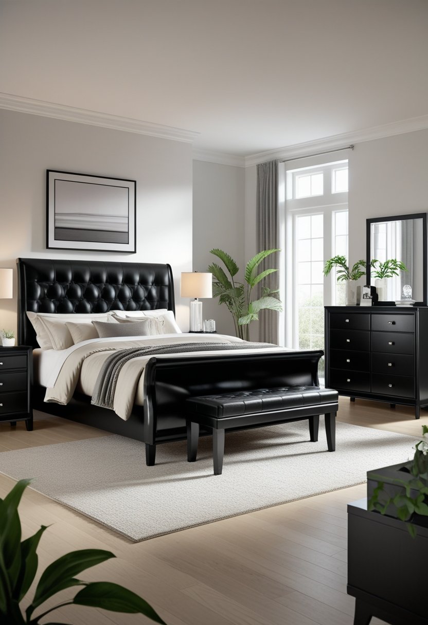 7 Black Bedroom Set Ideas for a Modern and Sleek Look 1 A bedroom with a black bed, matching nightstands, dresser, and bench, softly lit by natural light from a window.