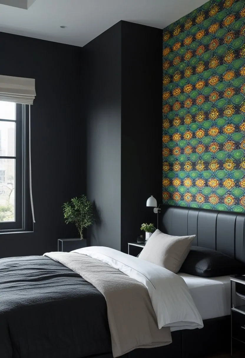7 Black Bedroom Walls Ideas to Elevate Your Space with Bold Elegance 8 A bedroom with seven black walls and one black accent wall covered in playful patterned wallpaper, featuring a bed and bedside table.