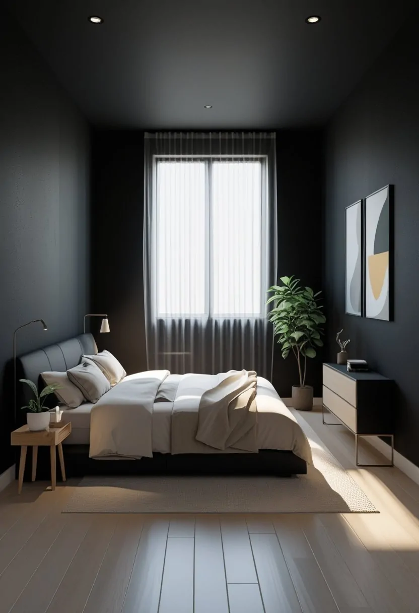7 Black Bedroom Walls Ideas to Elevate Your Space with Bold Elegance 9 A modern bedroom with seven black walls, a bed, nightstand, lamp, plant, and window with sheer curtains letting in natural light.