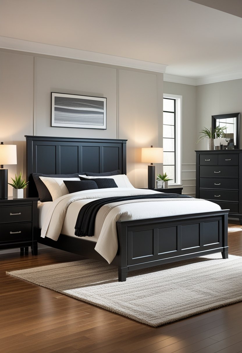 7 Black Bedroom Set Ideas for a Modern and Sleek Look 2 A king-sized black panel bed with matching nightstands and a dresser in a modern bedroom.