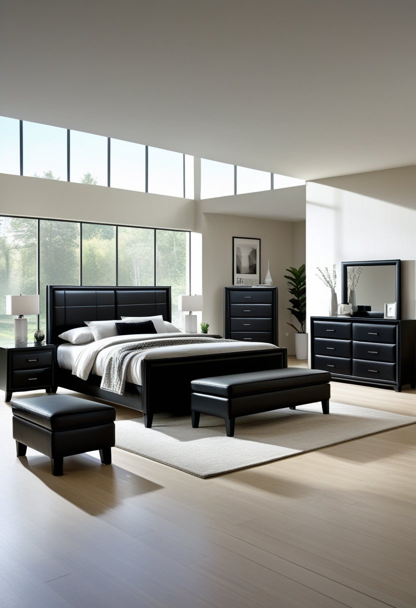 7 Black Bedroom Set Ideas for a Modern and Sleek Look 3 A bedroom with a large black upholstered bed surrounded by matching black furniture including nightstands, dresser, chest of drawers, bench, and armchair, all arranged in a well-lit room.