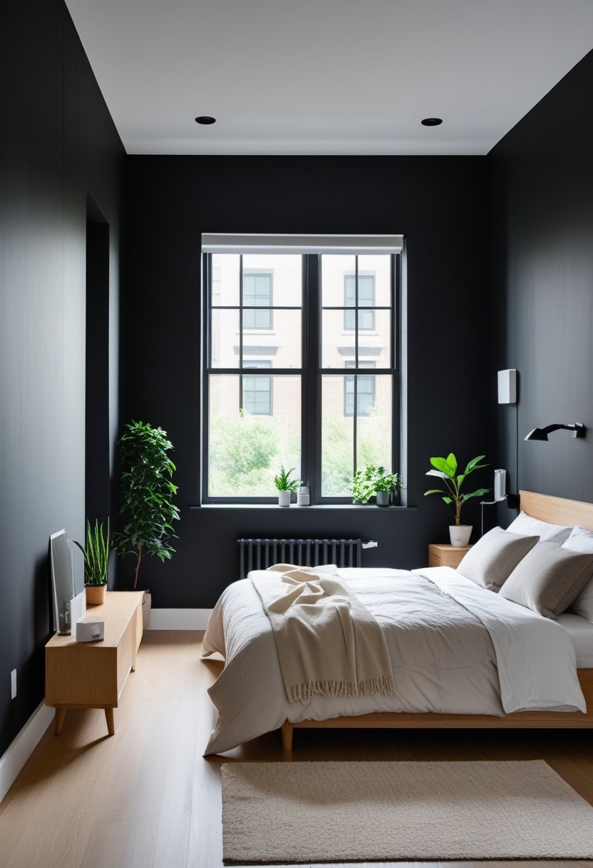 7 Black Bedroom Walls Ideas to Elevate Your Space with Bold Elegance 10 A modern bedroom with seven black walls, a neatly made bed, wooden nightstand with a plant, and maintenance tools on a shelf.