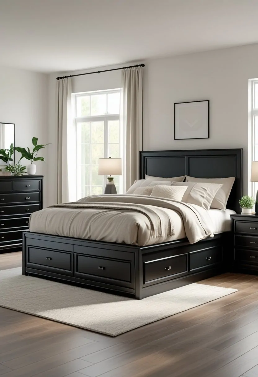 7 Black Bedroom Set Ideas for a Modern and Sleek Look 4 A black storage bed with matching nightstands in a neatly arranged bedroom.