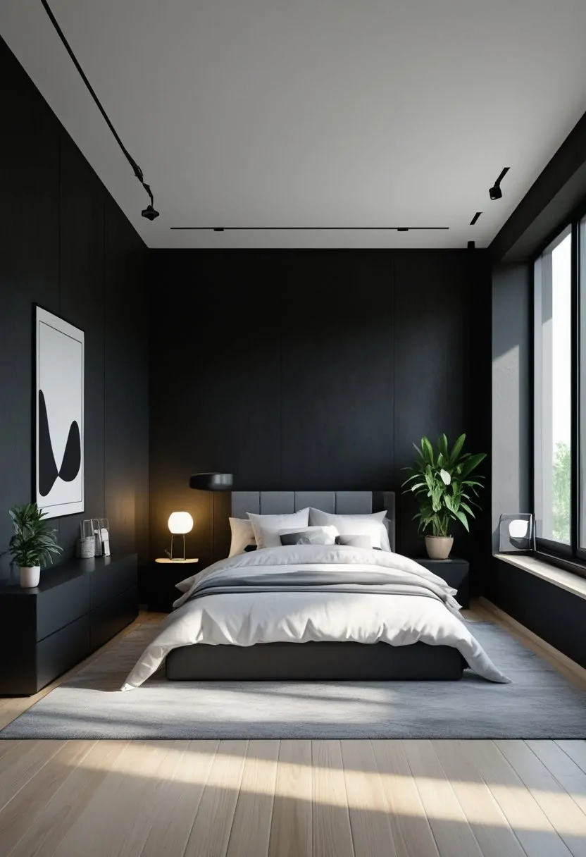 7 Black Bedroom Walls Ideas to Elevate Your Space with Bold Elegance 11 A bedroom with seven black walls, a large bed with white and gray bedding, light wood flooring, and natural light coming through a window.