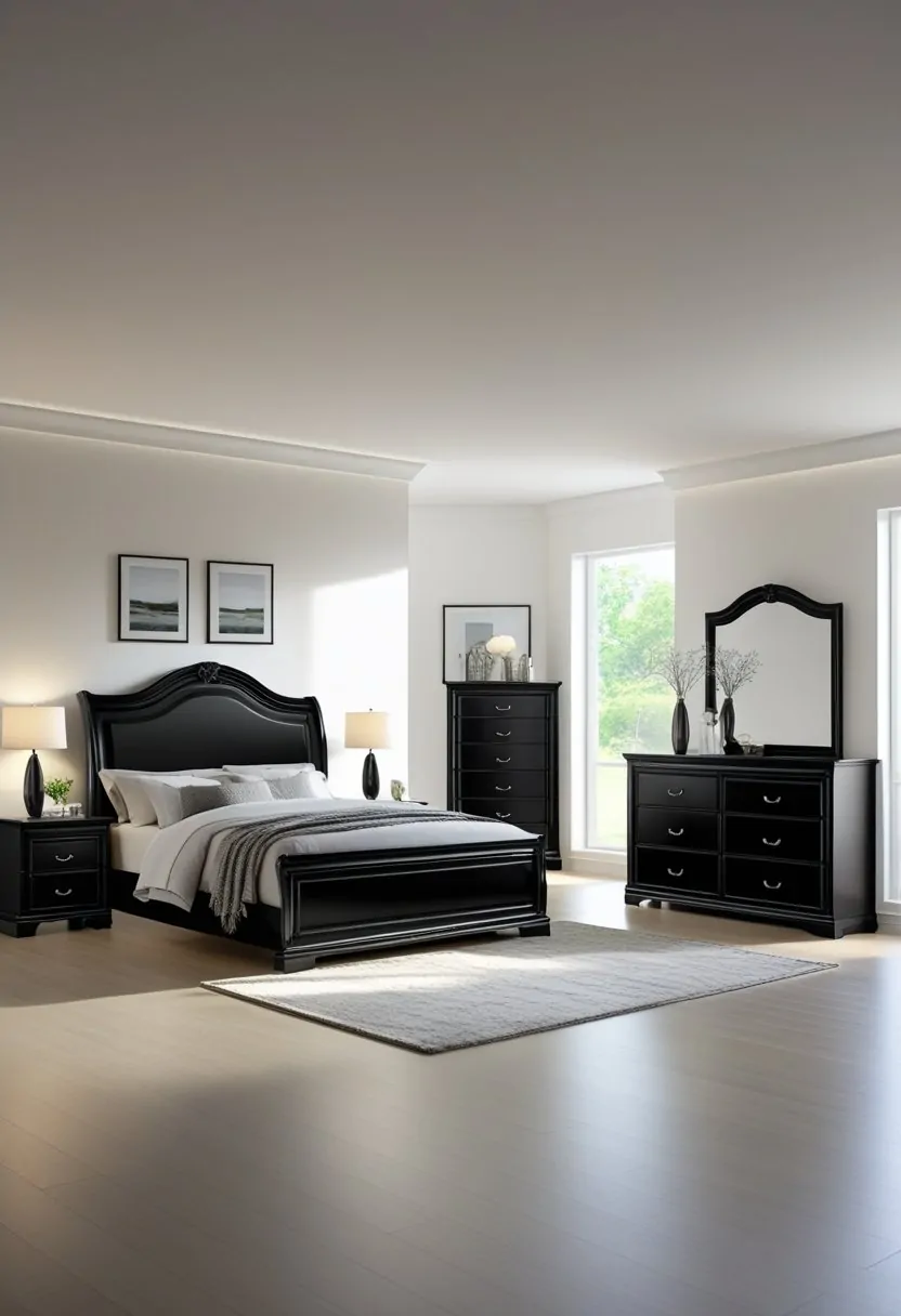 7 Black Bedroom Set Ideas for a Modern and Sleek Look 5 A black bedroom furniture set including a bed, nightstands, dresser, and chest of drawers in a bright, neatly arranged bedroom.
