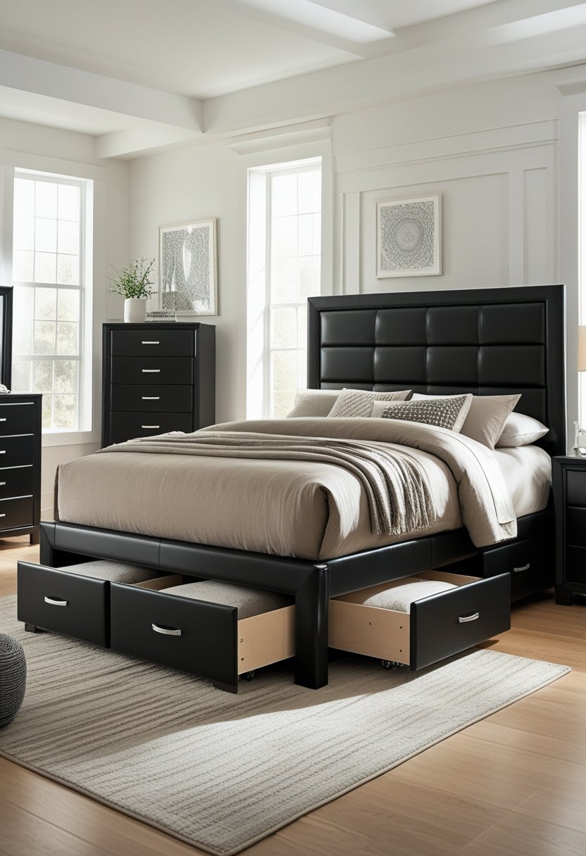 7 Black Bedroom Set Ideas for a Modern and Sleek Look 6 A black upholstered bed with drawers in a bedroom set, surrounded by matching black furniture including nightstands and a dresser.