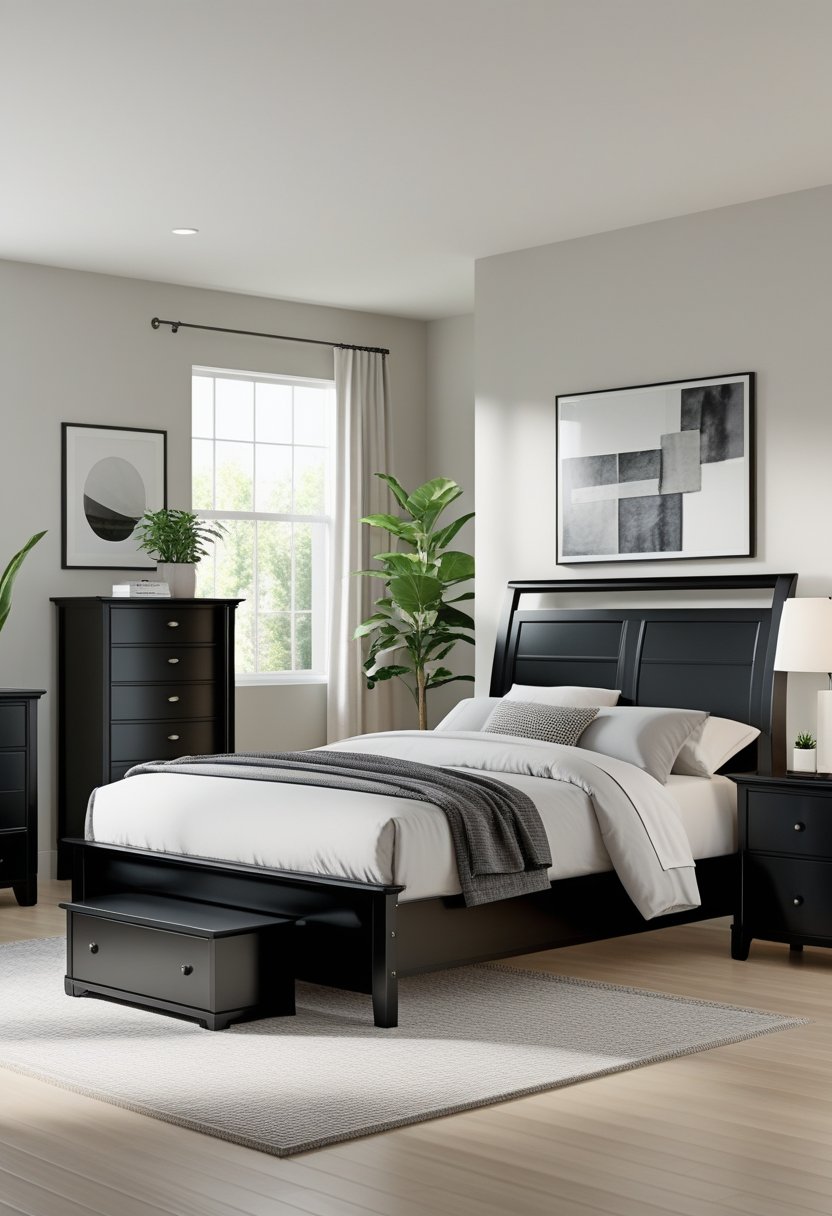 7 Black Bedroom Set Ideas for a Modern and Sleek Look 7 A bedroom with a jet black wooden bed, matching nightstands, a dresser, and a chest, with neutral bedding and natural light.