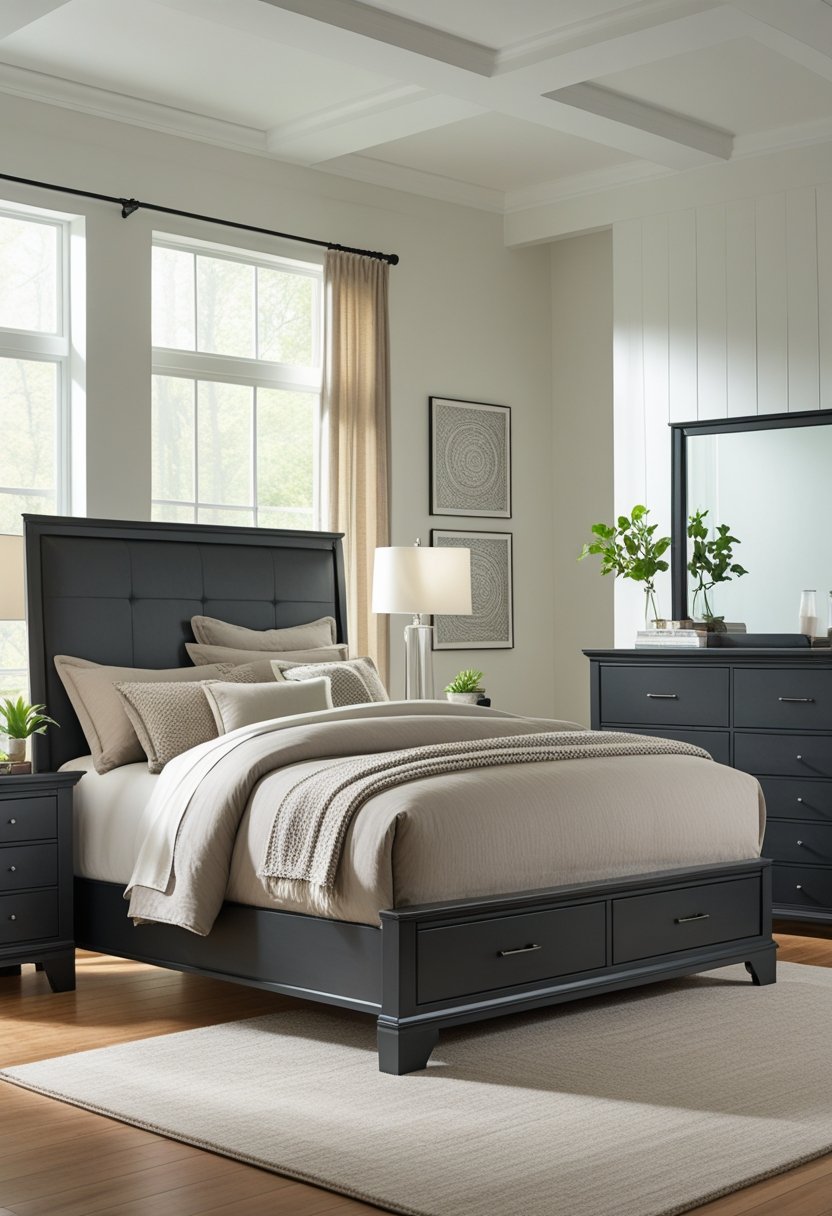 7 Black Bedroom Set Ideas for a Modern and Sleek Look 8 A bedroom with a bed, nightstands, dresser, and chest of drawers in dark charcoal finish furniture, with natural light and simple decor.