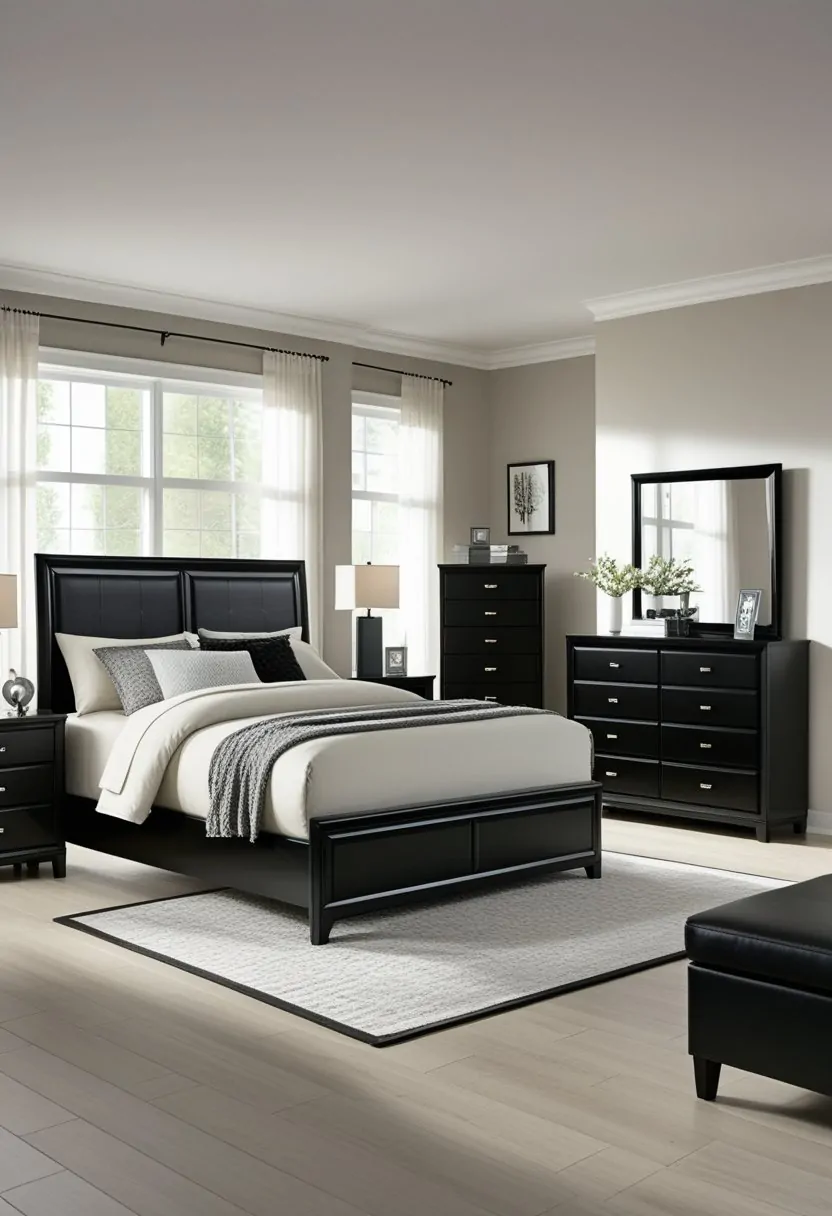 7 Black Bedroom Set Ideas for a Modern and Sleek Look 9 A bedroom with a black bed, two nightstands, a dresser with mirror, chest of drawers, and a bench, all arranged neatly in a well-lit room.