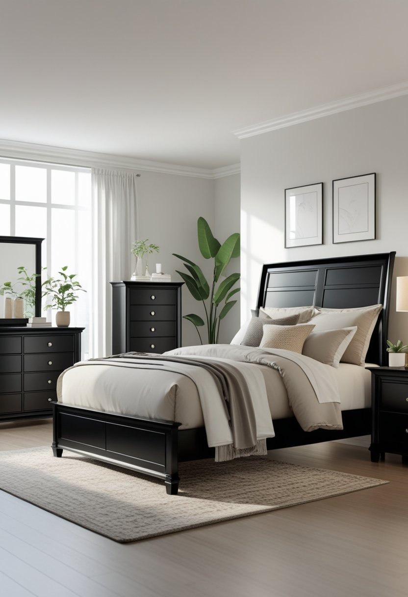 7 Black Bedroom Set Ideas for a Modern and Sleek Look 10 A neatly arranged bedroom with black furniture including a bed, nightstands, dresser, and wardrobe, illuminated by natural light from a window.