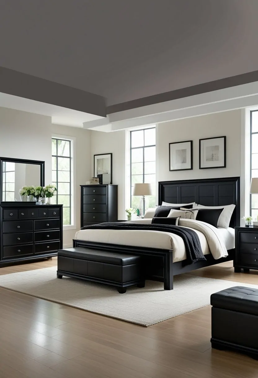 7 Black Bedroom Set Ideas for a Modern and Sleek Look 11 A modern bedroom with a black 7-piece furniture set including a bed, nightstands, dresser, chest of drawers, and bench, illuminated by natural light.