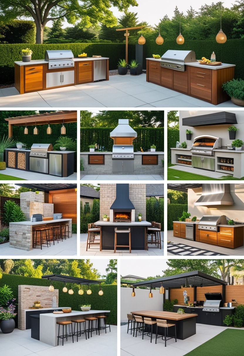 A backyard with ten different outdoor kitchen setups featuring grills, countertops, seating areas, and plants.