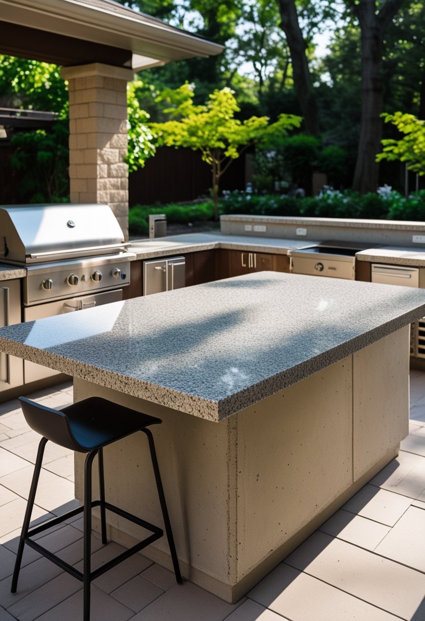 An outdoor kitchen with granite and concrete countertops, stainless steel appliances, and bar stools surrounded by greenery.