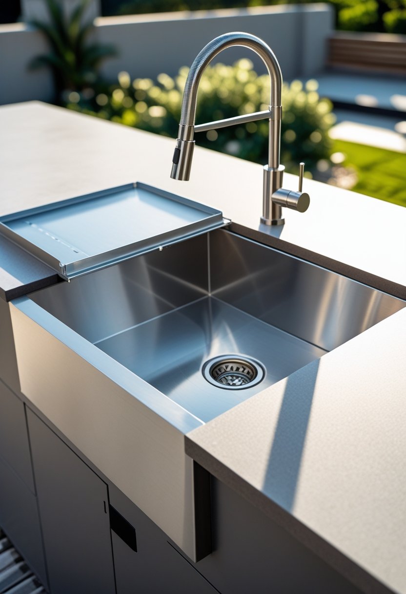 An outdoor kitchen countertop with a stainless steel drop-in sink featuring a dust lid and faucet, surrounded by greenery.