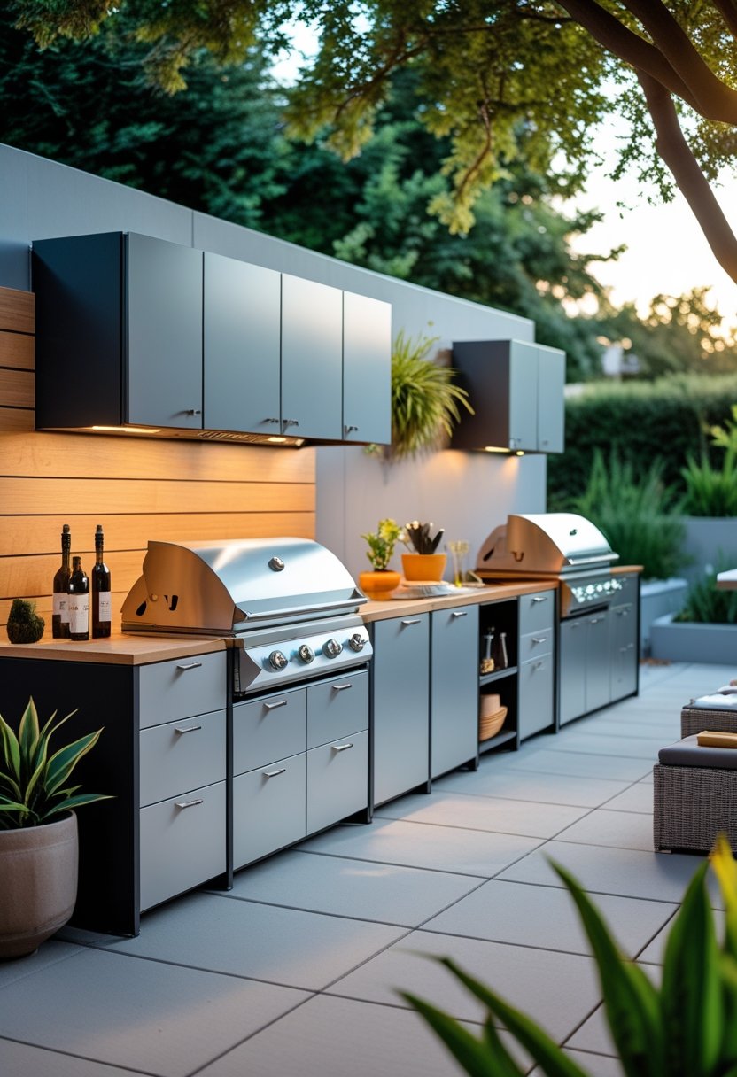 An outdoor kitchen with modular cabinets, a built-in grill, and countertop space surrounded by greenery and outdoor seating.