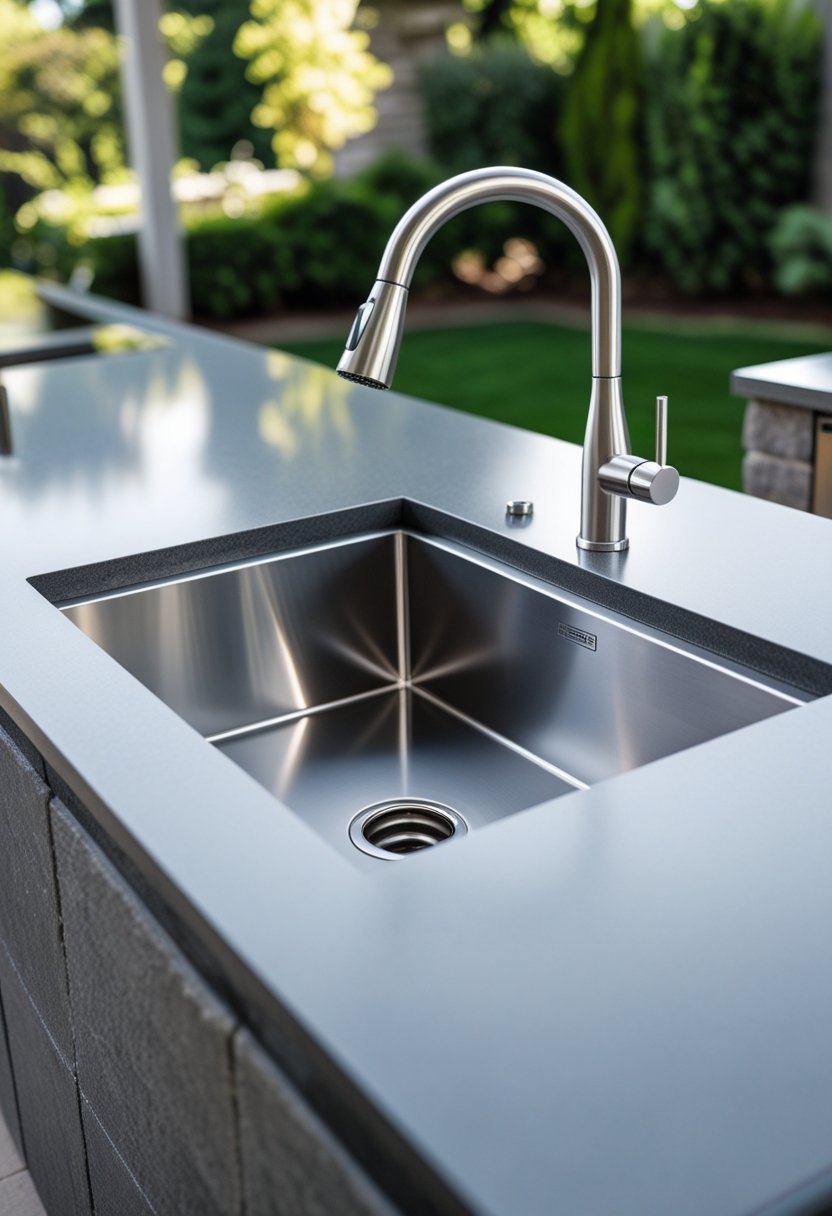 A stainless steel outdoor kitchen sink installed in a modern outdoor kitchen with a stone countertop and greenery in the background.