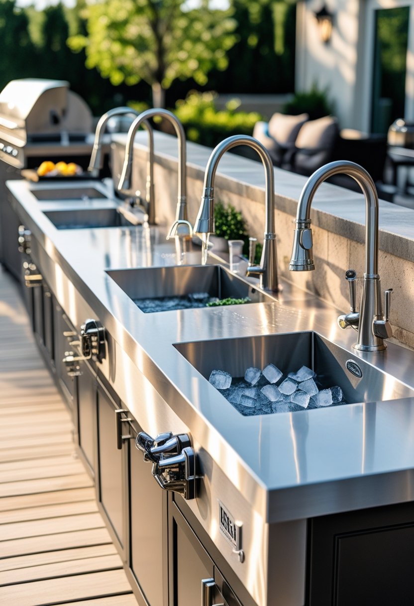 Seven outdoor kitchen sinks with built-in faucets and ice bins arranged outdoors with greenery and wooden decking.