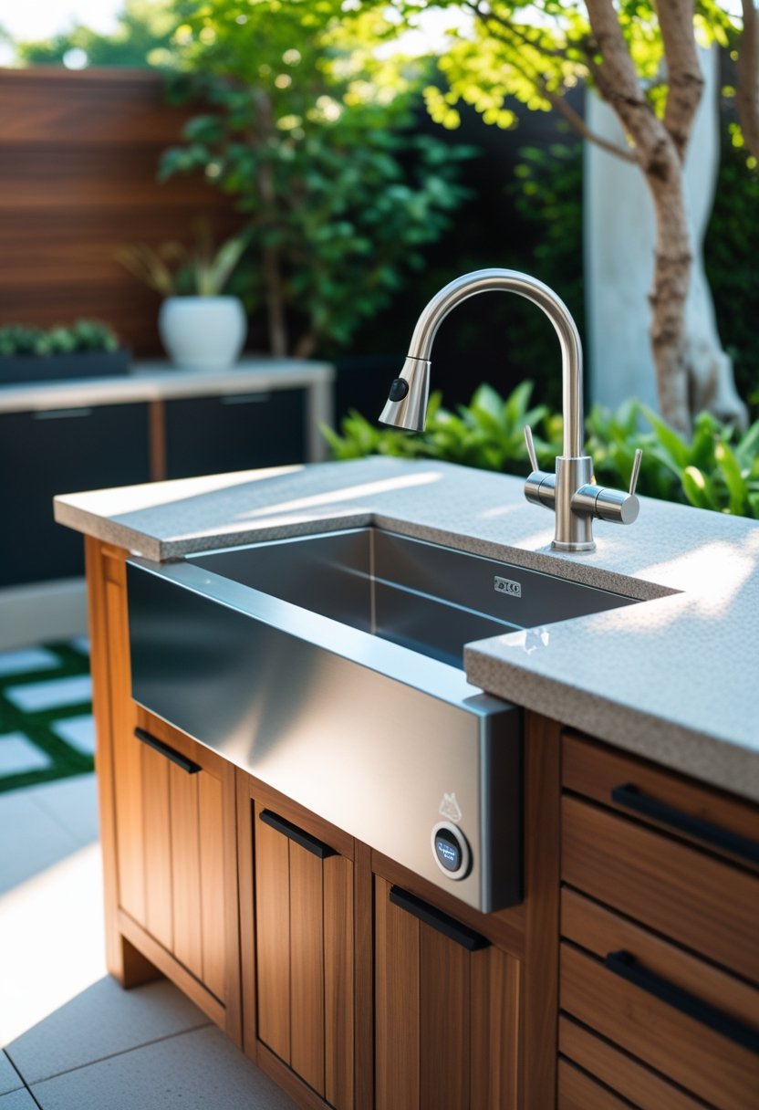 Outdoor kitchen with a stainless steel sink and hands-free faucet surrounded by stone countertop and greenery.