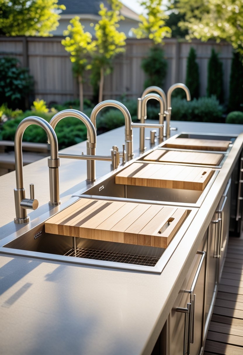 Seven outdoor kitchen sinks with integrated wooden cutting boards arranged on a stone countertop in a backyard setting.