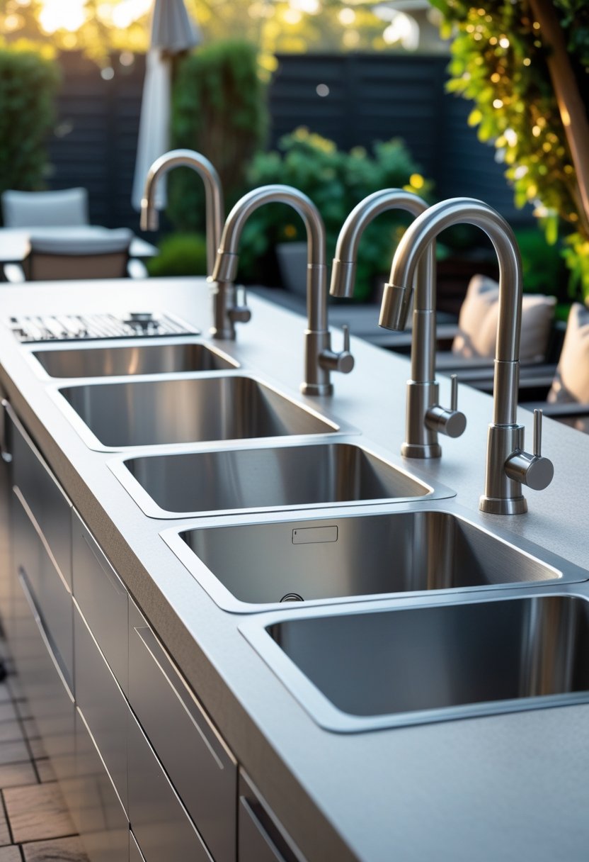 Seven stainless steel outdoor kitchen sinks installed on countertops in an outdoor kitchen setting with greenery in the background.