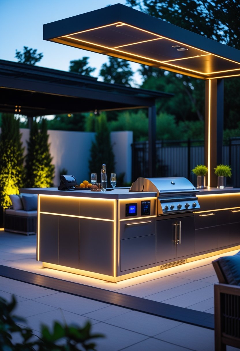 An outdoor kitchen with modern appliances, ambient lighting, and discreet smart speakers surrounded by plants and seating.