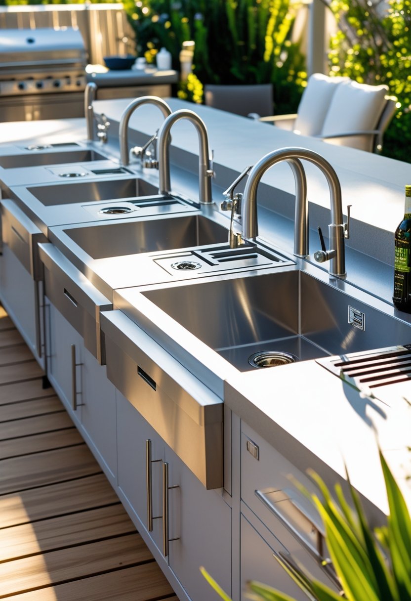 Seven outdoor kitchen sinks with stainless steel finishes and built-in bottle openers arranged outdoors with plants and wooden decking.