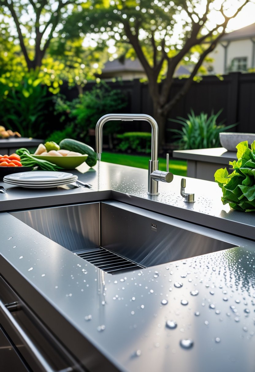 An outdoor kitchen with a stainless steel sink and faucet surrounded by fresh vegetables and greenery in a backyard.